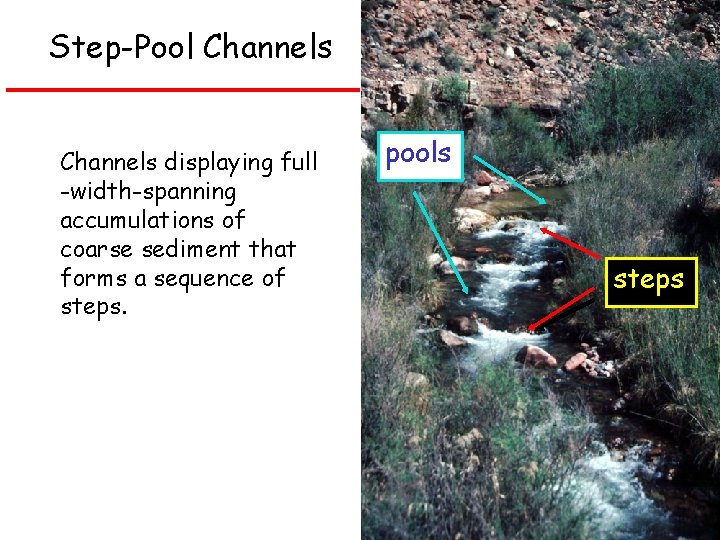 Step-Pool Channels displaying full -width-spanning accumulations of coarse sediment that forms a sequence of