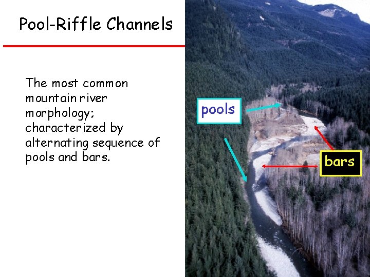Pool-Riffle Channels The most common mountain river morphology; characterized by alternating sequence of pools