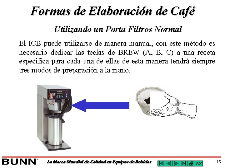 Formas de Elaboración de Café Utilizando un Porta Filtros Normal El ICB puede utilizarse