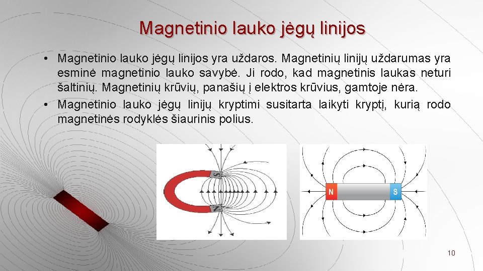 Magnetinio lauko jėgų linijos • Magnetinio lauko jėgų linijos yra uždaros. Magnetinių linijų uždarumas