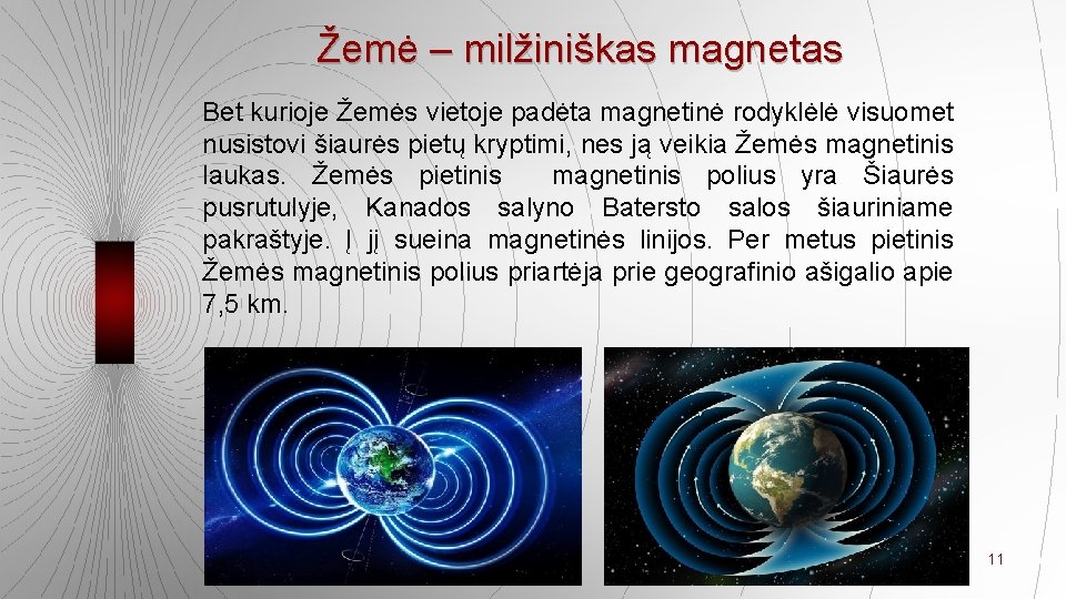 Žemė – milžiniškas magnetas Bet kurioje Žemės vietoje padėta magnetinė rodyklėlė visuomet nusistovi šiaurės