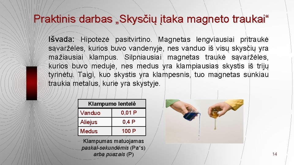 Praktinis darbas „Skysčių įtaka magneto traukai“ Išvada: Hipotezė pasitvirtino. Magnetas lengviausiai pritraukė sąvaržėles, kurios