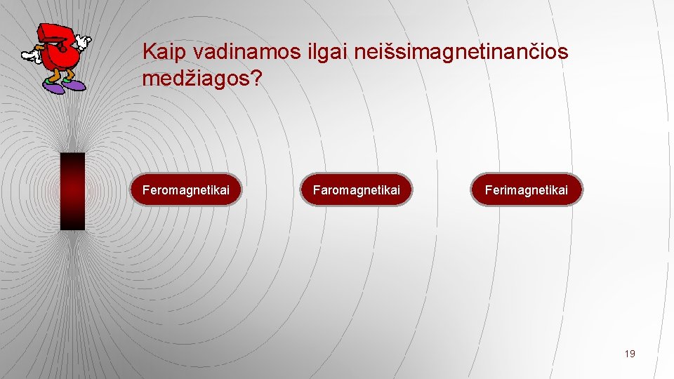 Kaip vadinamos ilgai neišsimagnetinančios medžiagos? Feromagnetikai Faromagnetikai Ferimagnetikai 19 