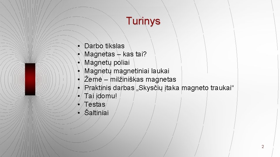 Turinys • • • Darbo tikslas Magnetas – kas tai? Magnetų poliai Magnetų magnetiniai