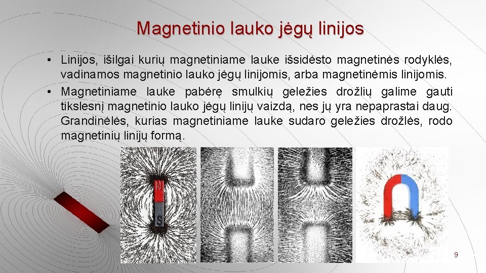 Magnetinio lauko jėgų linijos • Linijos, išilgai kurių magnetiniame lauke išsidėsto magnetinės rodyklės, vadinamos