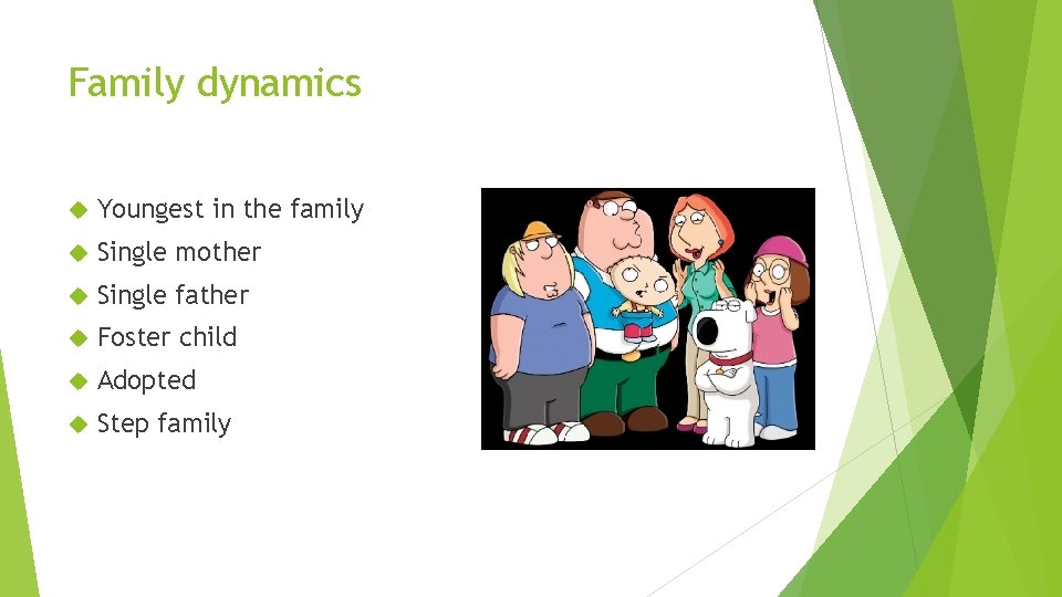 Family dynamics Youngest in the family Single mother Single father Foster child Adopted Step