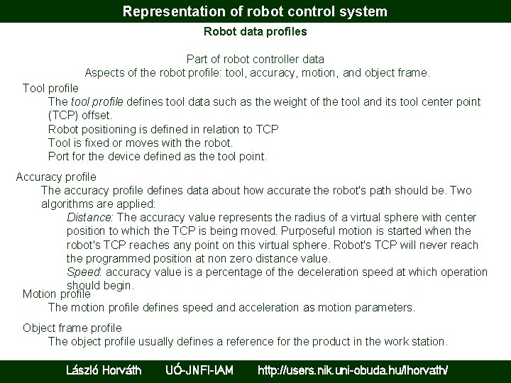 Representation of robot control system Robot data profiles Part of robot controller data Aspects