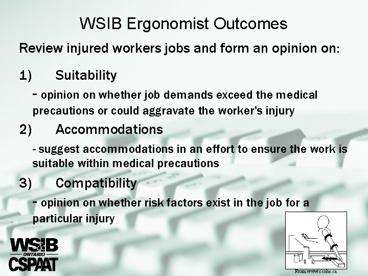 WSIB Ergonomist Outcomes Review injured workers jobs and form an opinion on: 1) Suitability