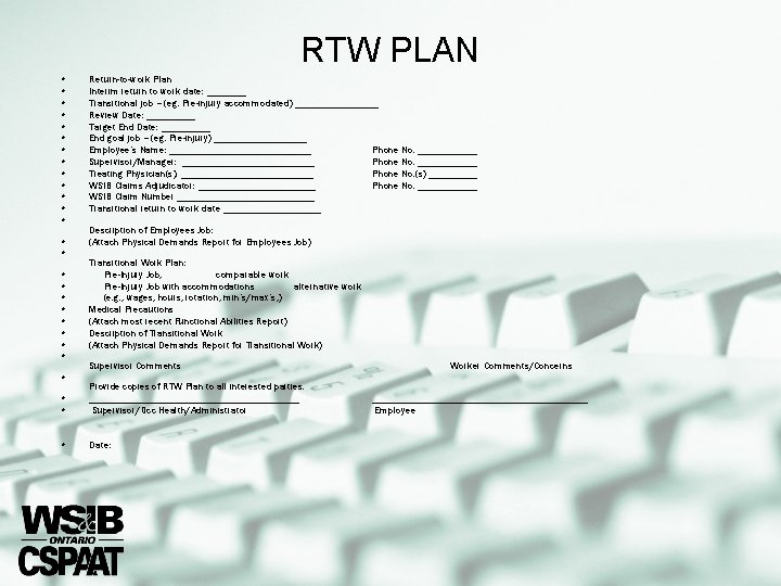 RTW PLAN • • • • • • Return-to-work Plan Interim return to work