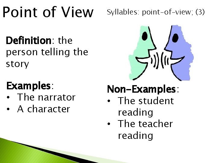 Point of View Syllables: point-of-view; (3) Definition: the person telling the story Examples: •