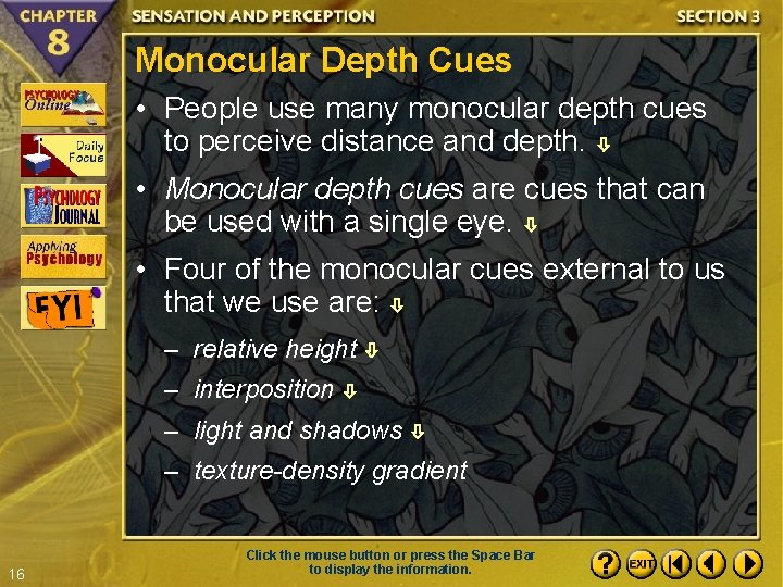 Monocular Depth Cues • People use many monocular depth cues to perceive distance and