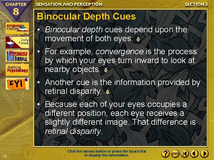 Binocular Depth Cues • Binocular depth cues depend upon the movement of both eyes. Binocular Depth Cues • Binocular depth cues depend upon the movement of both eyes.