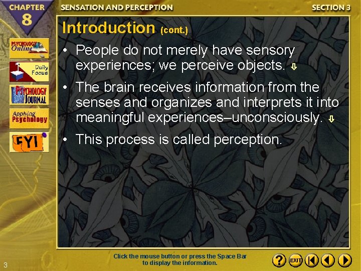 Introduction (cont. ) • People do not merely have sensory experiences; we perceive objects.