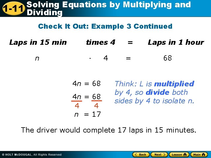 Solving Equations by Multiplying and 1 -11 Dividing Check It Out: Example 3 Continued