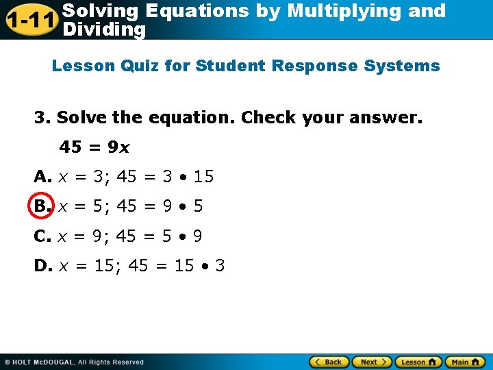 Solving Equations by Multiplying and 1 -11 Dividing Lesson Quiz for Student Response Systems