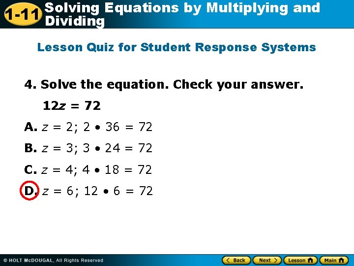 Solving Equations by Multiplying and 1 -11 Dividing Lesson Quiz for Student Response Systems