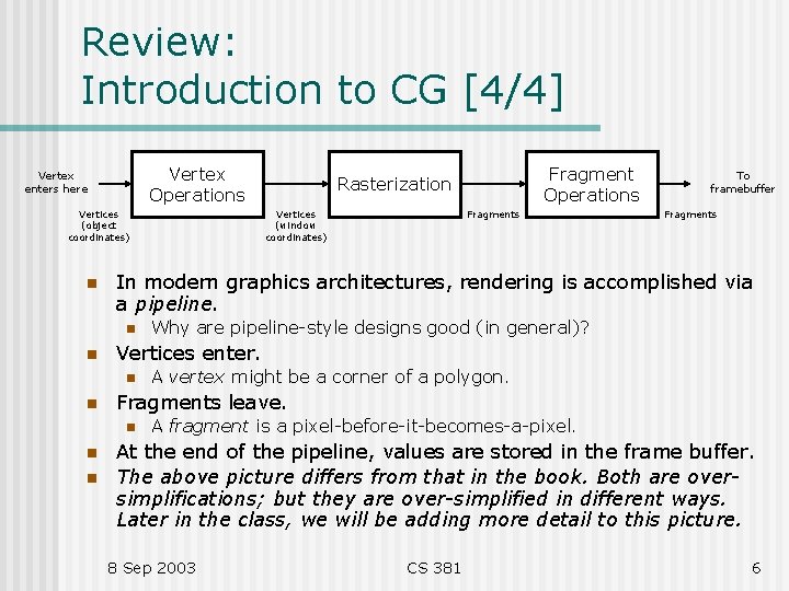 Review: Introduction to CG [4/4] Vertex Operations Vertex enters here Vertices (object coordinates) n