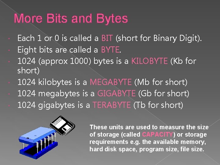 More Bits and Bytes Each 1 or 0 is called a BIT (short for