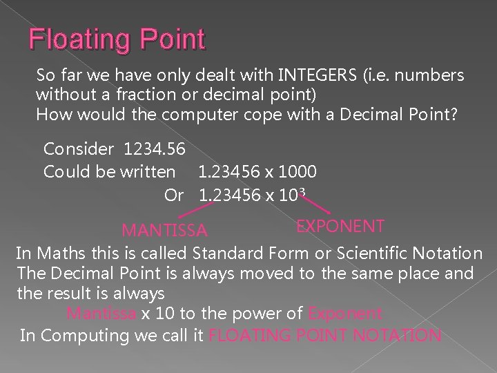 Floating Point So far we have only dealt with INTEGERS (i. e. numbers without