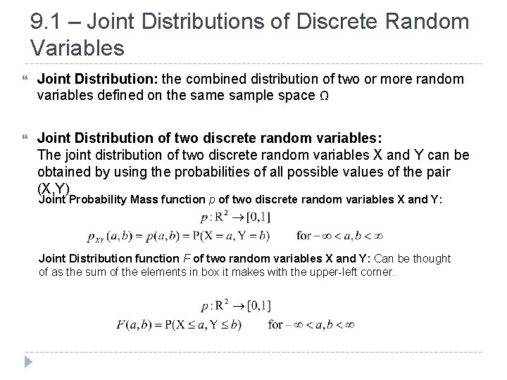 9. 1 – Joint Distributions of Discrete Random Variables Joint Distribution: the combined distribution