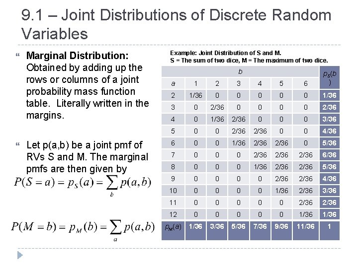 9. 1 – Joint Distributions of Discrete Random Variables Marginal Distribution: Obtained by adding