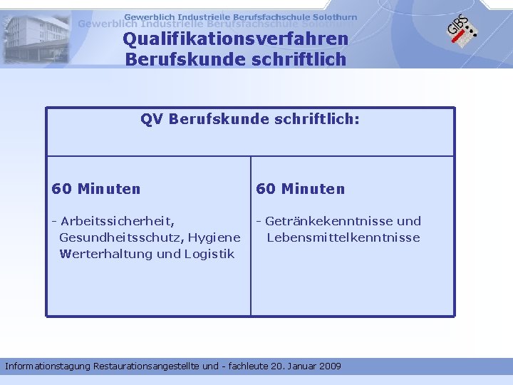 Qualifikationsverfahren Berufskunde schriftlich QV Berufskunde schriftlich: 60 Minuten - Arbeitssicherheit, Gesundheitsschutz, Hygiene Werterhaltung und