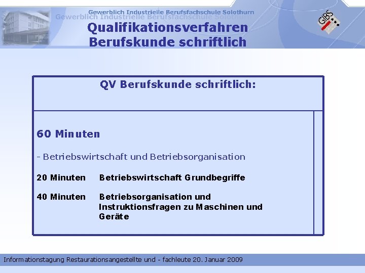Qualifikationsverfahren Berufskunde schriftlich QV Berufskunde schriftlich: 60 Minuten - Betriebswirtschaft und Betriebsorganisation 20 Minuten