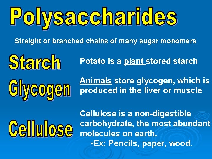 Straight or branched chains of many sugar monomers Potato is a plant stored starch