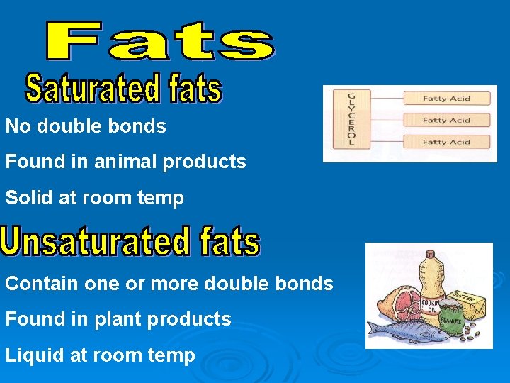 No double bonds Found in animal products Solid at room temp Contain one or