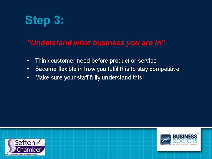 Step 3: “Understand what business you are in” • Think customer need before product