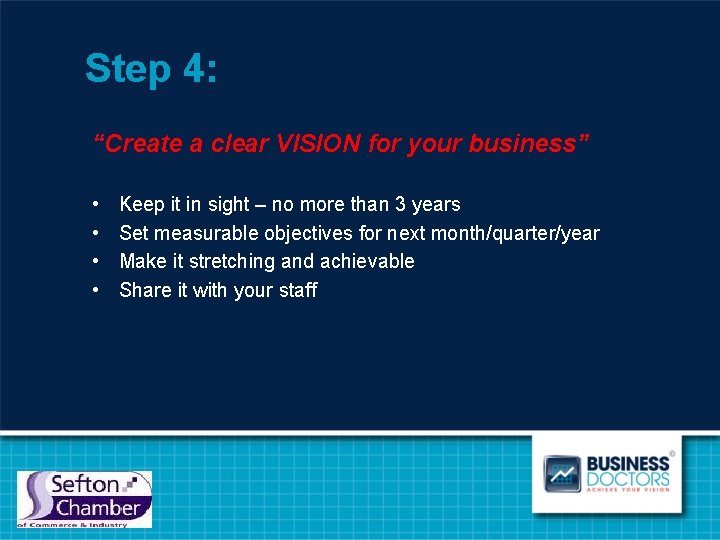 Step 4: “Create a clear VISION for your business” • • Keep it in