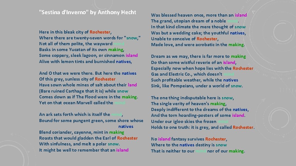 "Sestina d'Inverno" by Anthony Hecht Here in this bleak city of Rochester, Where there