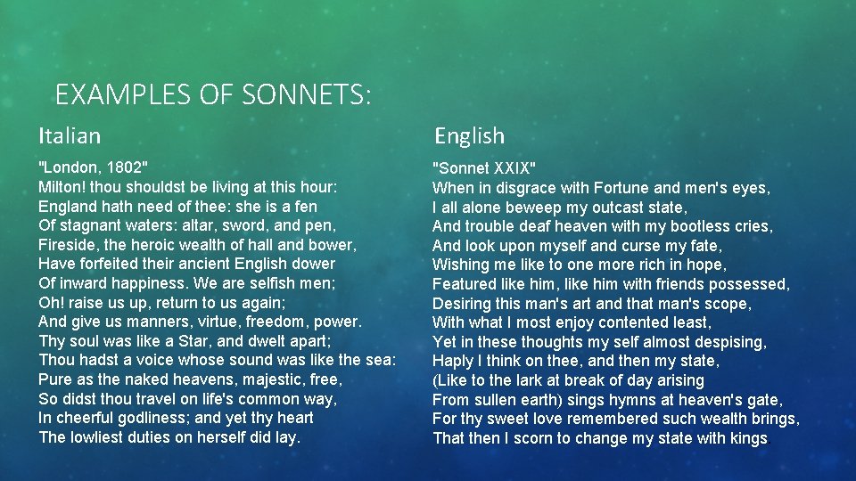 EXAMPLES OF SONNETS: Italian English "London, 1802" Milton! thou shouldst be living at this