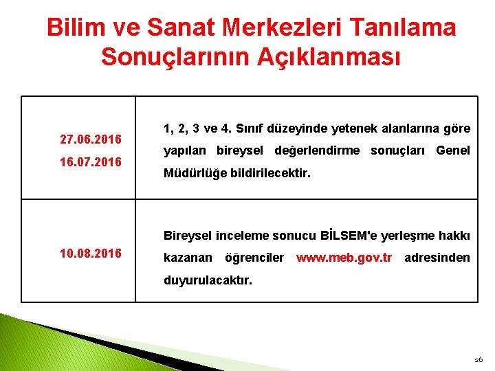 Bilim ve Sanat Merkezleri Tanılama Sonuçlarının Açıklanması 27. 06. 2016 16. 07. 2016 1,