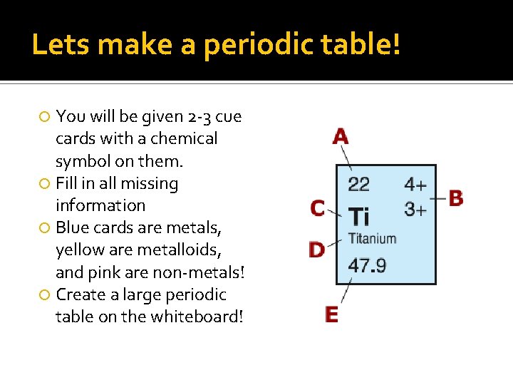 Lets make a periodic table! You will be given 2 -3 cue cards with