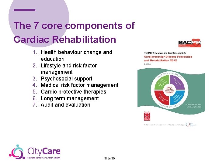 The 7 core components of Cardiac Rehabilitation 1. Health behaviour change and education 2.