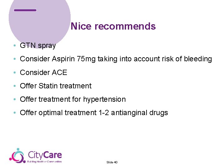 Nice recommends & Control Team • GTN spray • Consider Aspirin 75 mg taking