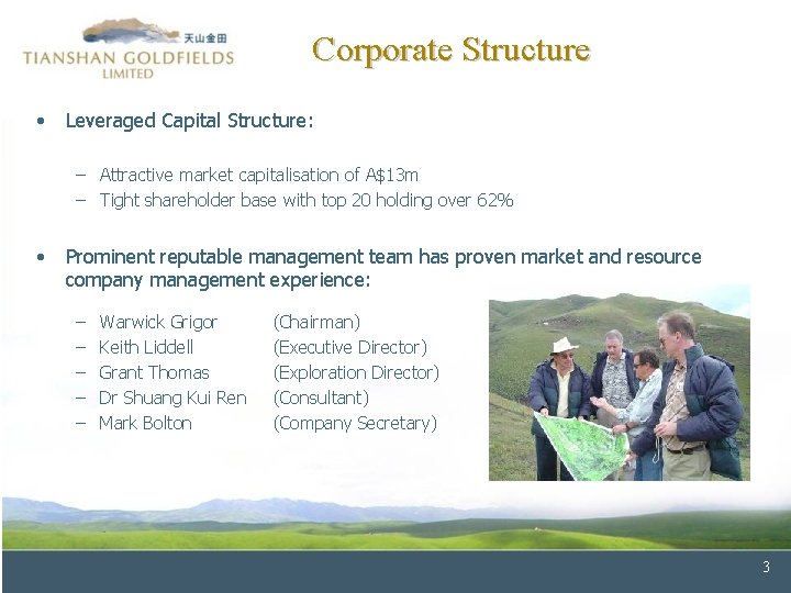 Corporate Structure • Leveraged Capital Structure: – Attractive market capitalisation of A$13 m –