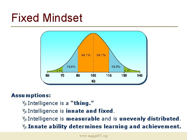 Fixed Mindset Assumptions: Intelligence is a “thing. ” Intelligence is innate and fixed. Intelligence