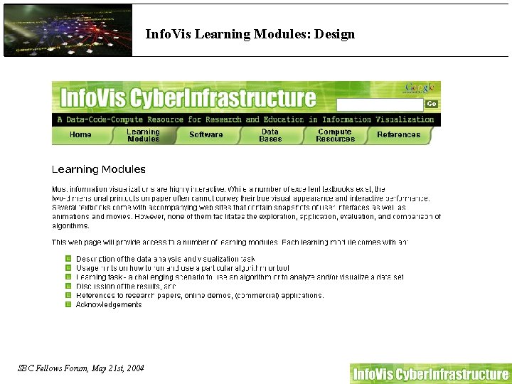 Info. Vis Learning Modules: Design SBC Fellows Forum, May 21 st, 2004 