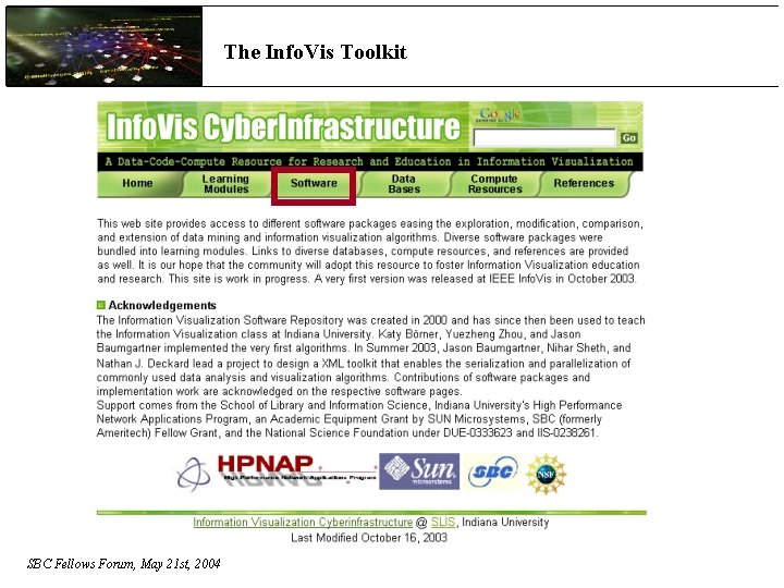 The Info. Vis Toolkit SBC Fellows Forum, May 21 st, 2004 