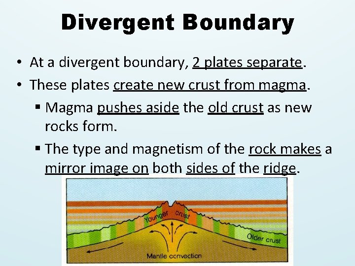 Divergent Boundary • At a divergent boundary, 2 plates separate. • These plates create