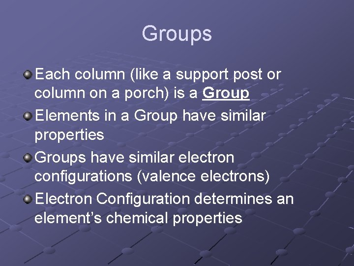 Groups Each column (like a support post or column on a porch) is a