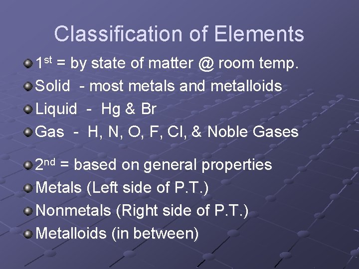 Classification of Elements 1 st = by state of matter @ room temp. Solid