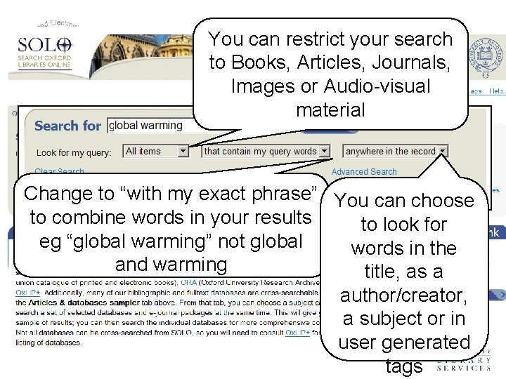 You can restrict your search to Books, Articles, Journals, Images or Audio-visual material Change