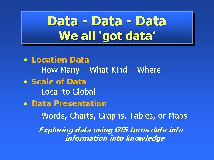 Data - Data We all ‘got data’ • Location Data – How Many –