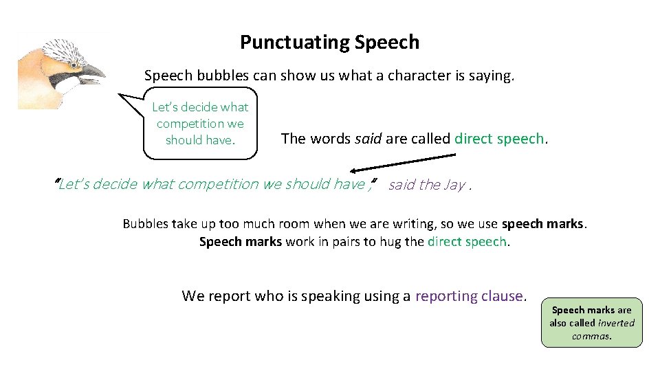 Punctuating Speech bubbles can show us what a character is saying. Let’s decide what