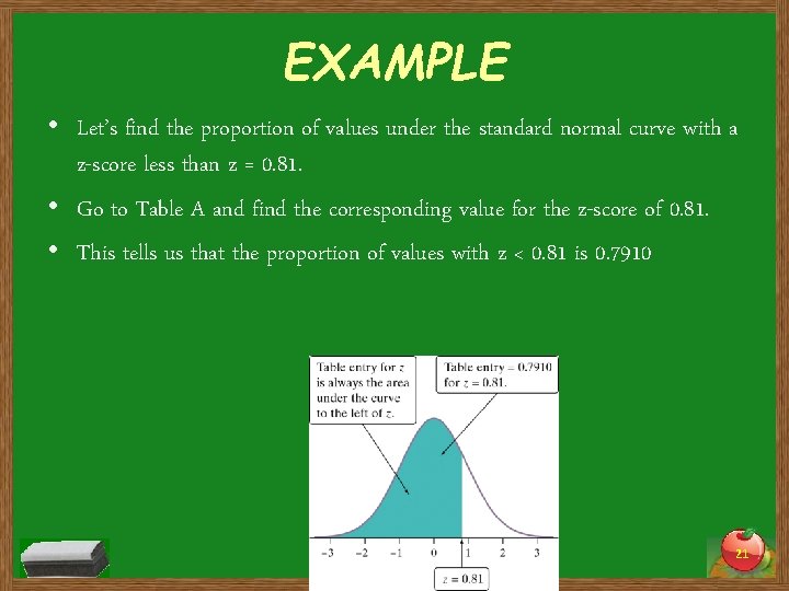 EXAMPLE • Let’s find the proportion of values under the standard normal curve with EXAMPLE • Let’s find the proportion of values under the standard normal curve with