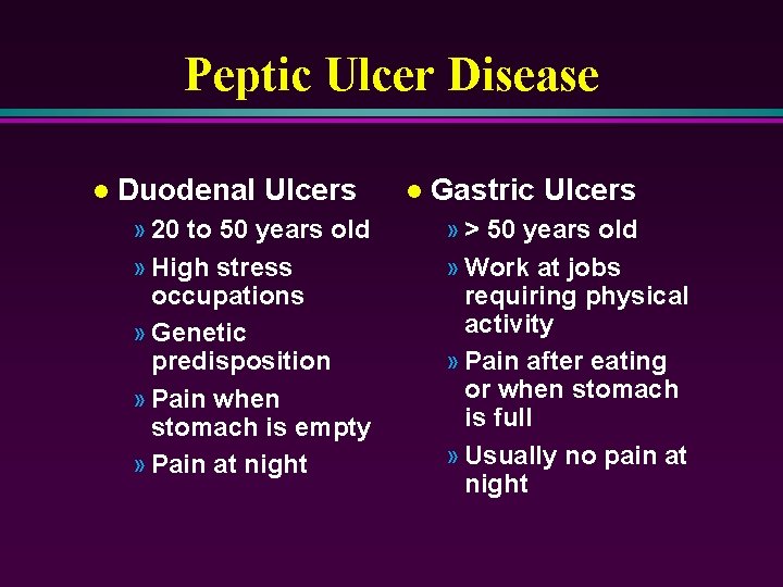 Peptic Ulcer Disease l Duodenal Ulcers » 20 to 50 years old » High