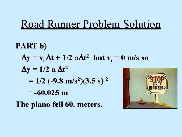Road Runner Problem Solution PART b) Dy = vi Dt + 1/2 a. Dt